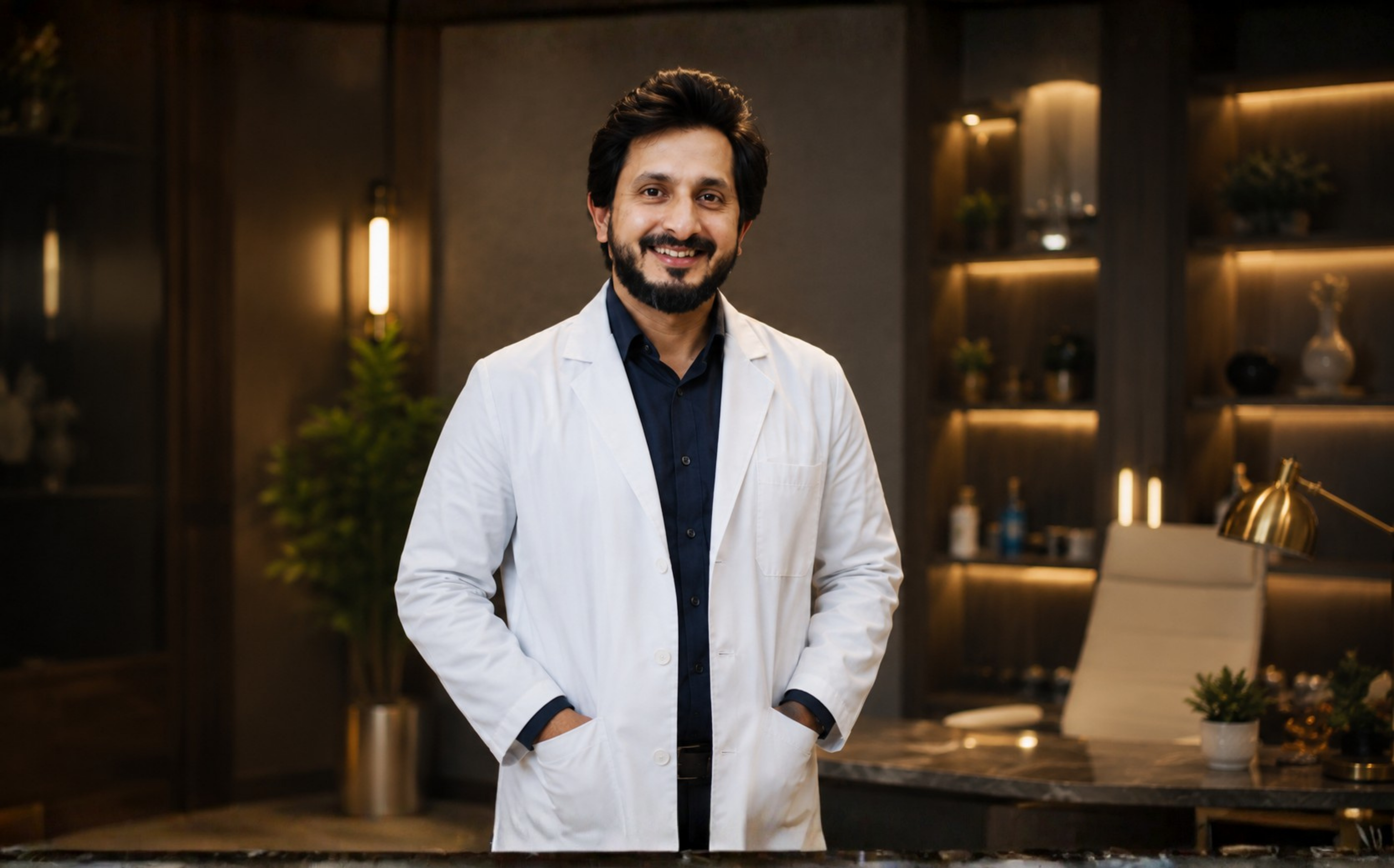 Dr. M. Z. Khan standing in a white medical coat at MZK Aesthetic and Stem Cell Clinic in Multan.